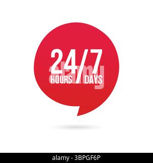 24/7 support icon in speech bubble representing customer service, help desk, availability, assistance, hotline, online help, and around-the-clock open Stock Vector