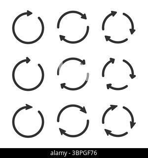 Circular arrow icons representing reload, refresh, update, sync, repeat, rotation, cycle, and process flow in minimal flat design for interface Stock Vector
