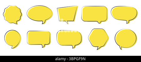 Set of speech bubble icons in various shapes representing communication, dialogue, message, comment, chat, conversation, and text boxes Stock Vector