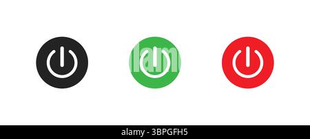 Power button icons in outline, solid black, and red styles representing on off switch, control, energy, startup, shutdown, and digital interface Stock Vector