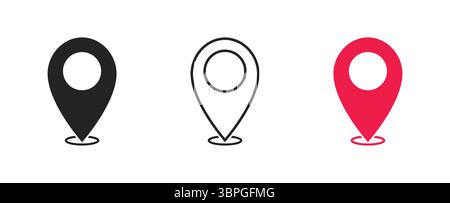 Map pin icons representing location, navigation, marker, GPS, destination, position, and geolocation for digital maps and interfaces Stock Vector