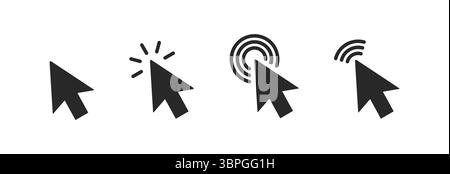 Cursor icons in solid black style showing different click actions including selection, touch, signal, and interaction for user interface Stock Vector