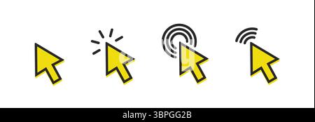 Cursor icons in solid black style showing different click actions including selection, touch, signal, and interaction for user interface Stock Vector