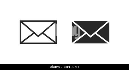 Envelope icons in outline and solid black styles representing email, message, communication, mail, contact, and inbox for digital and office-related Stock Vector
