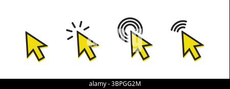 Cursor icons in solid black style showing different click actions including selection, touch, signal, and interaction for user interface Stock Vector