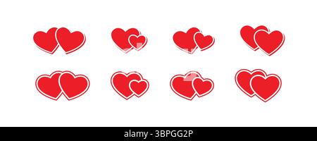 Heart icons representing love, romance, relationship, affection, and emotional connection with overlapping shapes in black and white variations Stock Vector
