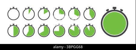 Stopwatch icon set with different progress levels, showing varying time intervals in a simple and clean design with green segments indicating elapsed Stock Vector