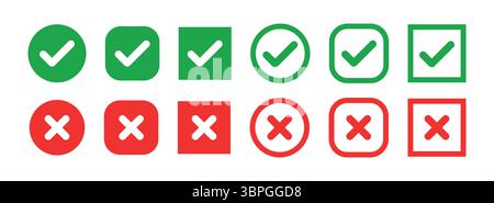 Green check and red cross icons in various shapes representing correct, incorrect, approve, reject, validation, error, and selection choices Stock Vector