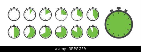 Stopwatch icon set with different progress levels, showing varying time intervals in a simple and clean design with green segments indicating elapsed Stock Vector