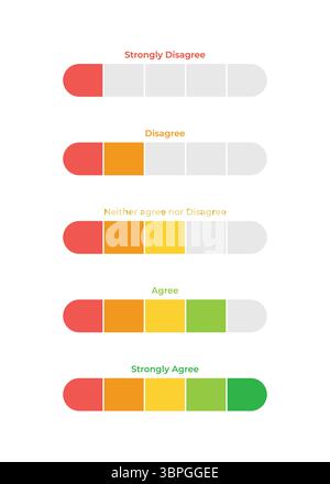 Likert scale bars with color-coded levels from strongly disagree to strongly agree representing survey response, feedback rating, opinion scale Stock Vector