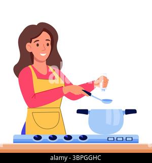 Woman cooking in kitchen. Vector flat cartoon illustration. Female with pot near stove. Design elements for food blogs, recipe books, culinary website Stock Vector