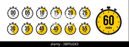 Stopwatch timer icons showing minute intervals from 0 to 60 representing countdown, duration, scheduling, time tracking, and productivity Stock Vector
