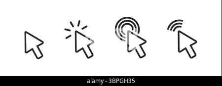 Cursor icons representing clicking, pointer interaction, selection, and digital navigation with variations including click effects and signals Stock Vector