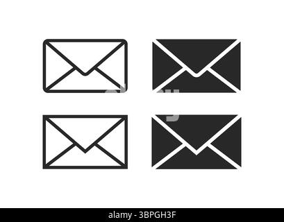 Envelope icons for email, messaging, and communication with open and closed variations in black and white, ideal for postal service, notifications Stock Vector