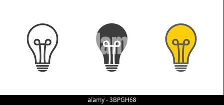Light bulb icons representing ideas, innovation, creativity, energy, and solutions in black, gray, and yellow variations on white background Stock Vector