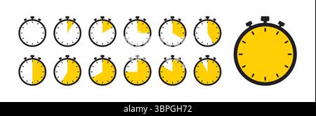 Stopwatch icon set with different progress levels, showing varying time intervals in a simple and clean design with green segments indicating elapsed Stock Vector