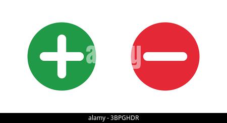 Green plus and red minus symbols inside circles representing addition subtraction positive negative increase decrease approval disapproval evaluation Stock Vector