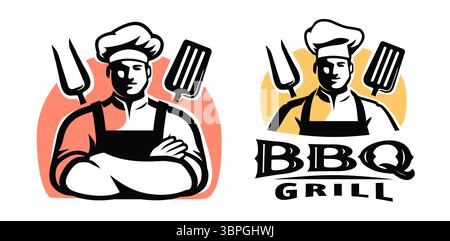 Chef with arms crossed and barbecue tools. Male cook in hat. Emblem or symbol for restaurant or eatery Stock Vector