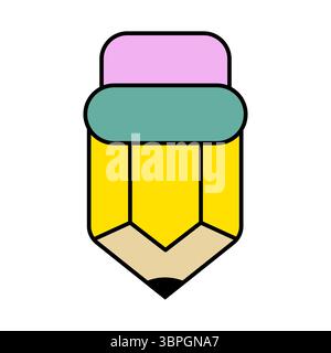 Pencil Icon with Colorful Design Illustration. The eraser at the top is depicted in pink, followed by a green metallic band below it. Stock Vector