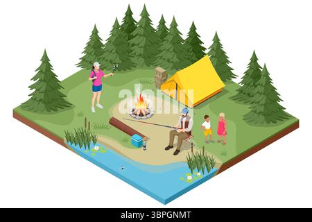 Isometric family is relaxing in the summer in the forest near a fire with a tent. Peaceful outdoor recreation in nature. Campground in forest. Hiking Stock Vector