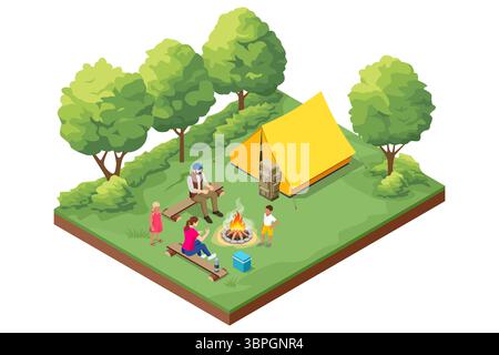 Isometric family is relaxing in the summer in the forest near a fire with a tent. Peaceful outdoor recreation in nature. Campground in forest. Hiking Stock Vector