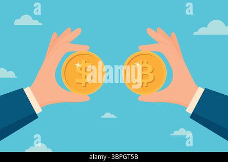 Bitcoin and Dollar Currency, Vector Illustration. Hands Holding Bitcoin Coin and Dollar Coin. Bitcoin Cryptocurrency Exchange, Bitcoin Investment Stock Vector