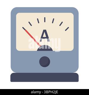 Flat vector ammeter icon showing analog gauge for measuring electric current in amperes Stock Vector