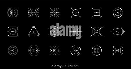 Futuristic HUD target interface set with circular aim indicators, digital compass and crosshair graphics. Tech style vector elements for sci fi dashbo Stock Vector
