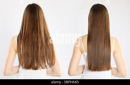 Hair combing, straightening. Woman showing hairstyle before and after different procedures on white background, back view. Collage of photos Stock Photo