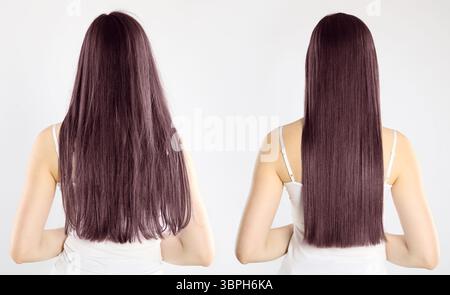 Hair combing, straightening. Woman showing hairstyle before and after different procedures on white background, back view. Collage of photos Stock Photo