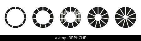 Wheels round divided in eleven sections. Diagrams infographic set. Circle section graph. Pie chart icons. Donut charts or pies segmented on 11 equal Stock Vector