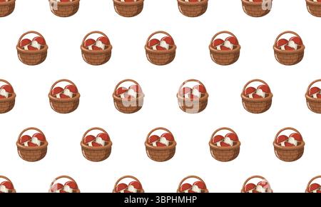 Seamless autumn pattern with baskets full of mushrooms on white background. Cartoon vector digitalpaper design  Stock Vector