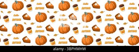 Seamless fall pattern with pumpkin, pie slice, coffee cup and Hello Autumn lettering. Cartoon vector digitalpaper design  Stock Vector