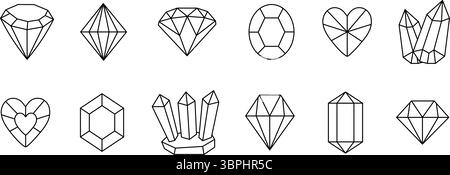 Gemstones and crystals in various shapes, vector black line icon set, editable stroke. Collection of gem monochrome signs, outline diamonds and facete Stock Vector