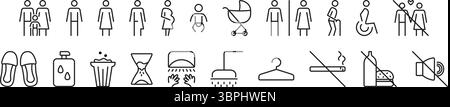 Public restroom black line icon set, lgbt friendly editable stroke WC symbols, vector sign collection for lavatory, changing room and bathroom. Pictog Stock Vector