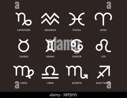 Zodiac signs outline horoscope clipart set. Astrology birth month symbol in drawing lines clip art like Taurus, Gemini, cancer and Leo icon collection Stock Vector