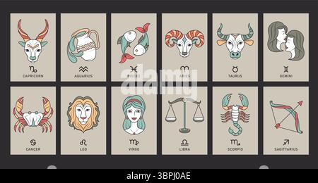 Zodiac signs cards clipart set. Horoscope astrology poster card clip art of 12 birth month pictogram drawing abstract postcard collection vector Stock Vector