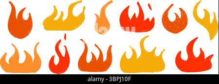 Colored hand drawn fire shape set. Crayon sketch burning flame collection. Red, yellow chalk grunge elements pack. Pastel pencil doodle bundle for collage, sticker, poster, banner. Vector illustration Stock Vector