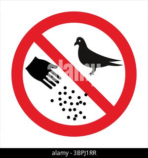 Red circular sign prohibiting feeding pigeons, promoting cleanliness and preventing overpopulation. Stock Vector