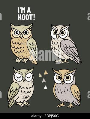 Owl animal vector on a black background. Stock Vector