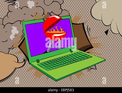 Cartoon Laptop, comic book Notebook with Burning wood in barbeque grill. Retro vector comics pop art design. Stock Vector