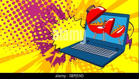 Cartoon Laptop, comic book Notebook with Burning wood in barbeque grill. Retro vector comics pop art design. Stock Vector