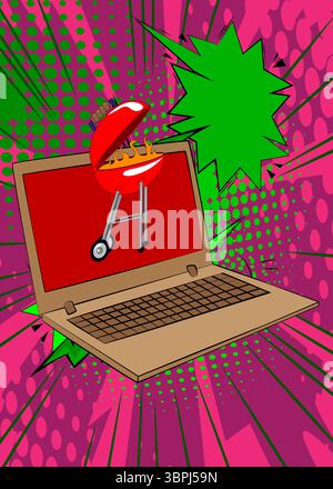 Cartoon Laptop, comic book Notebook with Burning wood in barbeque grill. Retro vector comics pop art design. Stock Vector