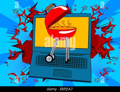 Cartoon Laptop, comic book Notebook with Burning wood in barbeque grill. Retro vector comics pop art design. Stock Vector