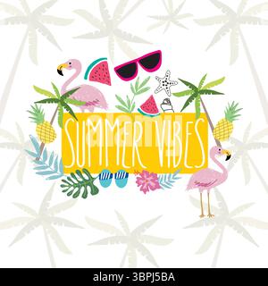 Seamless tropical fruits pattern with summer vibes graffiti text art Stock Vector