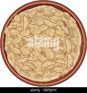 Top-down vector illustration of a brown bowl filled with rolled oats, rendered in flat design with neutral beige and brown tones Stock Vector
