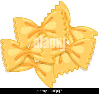 Flat vector illustration of uncooked farfalle bow tie pasta, arranged in an overlapping composition with soft shadows and warm yellow tones Stock Vector