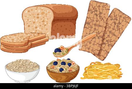 Vector illustration of whole grain bread, granola bars, oatmeal, muesli with berries, and pasta in a clean, flat design style Stock Vector