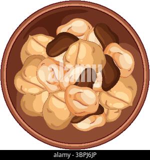 Top-down view of a brown bowl filled with roasted cashew nuts, rendered in flat vector style with warm, natural colors and clean outlines Stock Vector