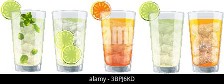 Vector illustration of five colorful citrus cocktails in glasses with ice cubes and garnishes, showcasing vibrant colors and realistic details Stock Vector